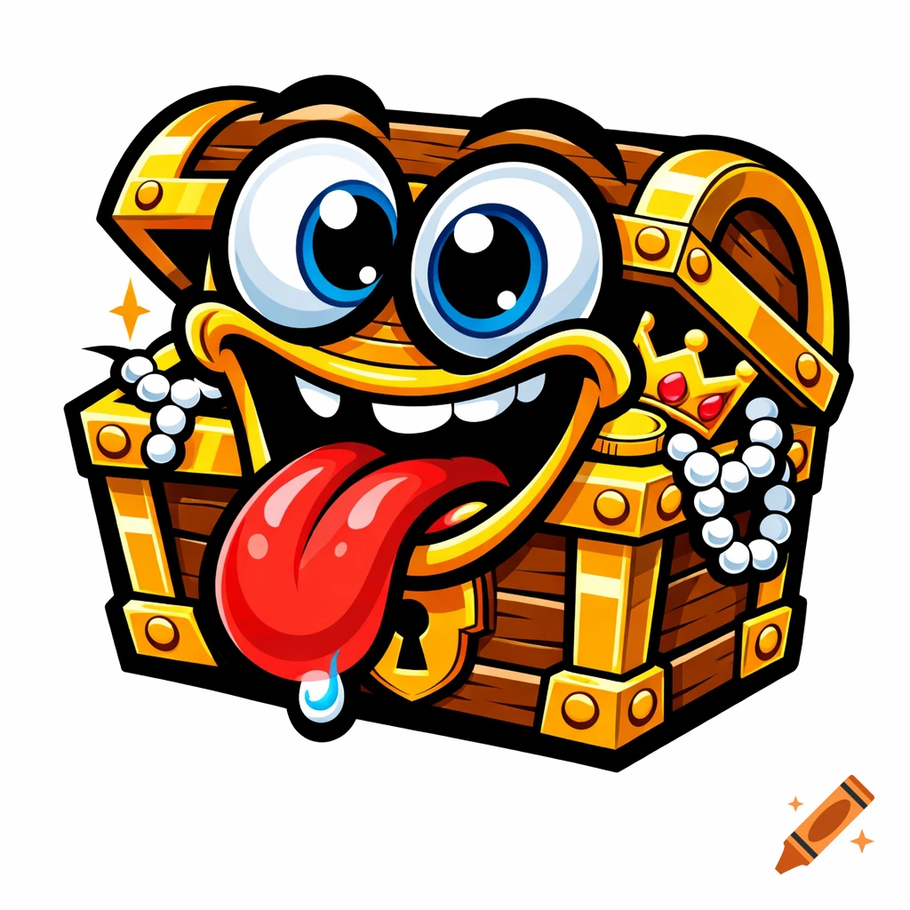 A funny cartoon treasure chest mascot with big goofy eyes and a long red tongue sticking out, on a white background.