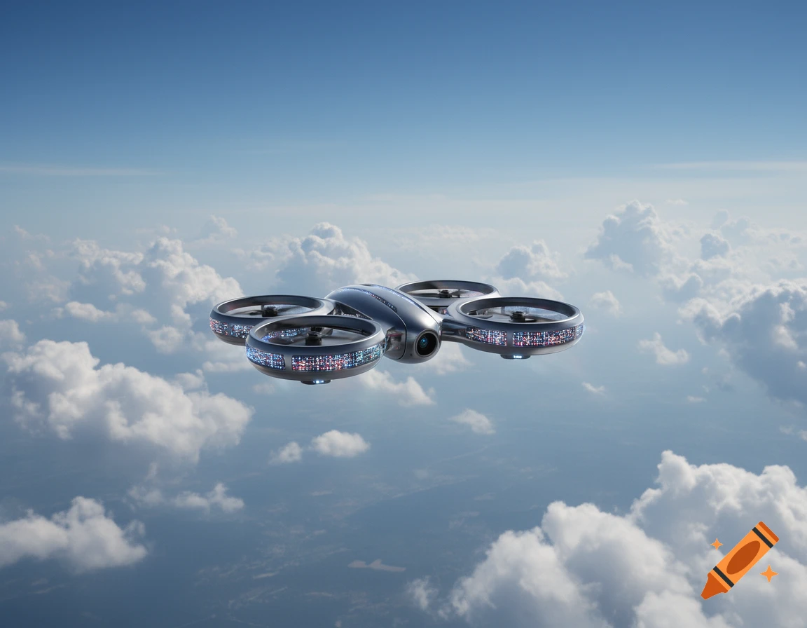 A sleek, futuristic gray drone with four glowing rotors flies high above fluffy white clouds under a clear blue sky, photorealistic style.