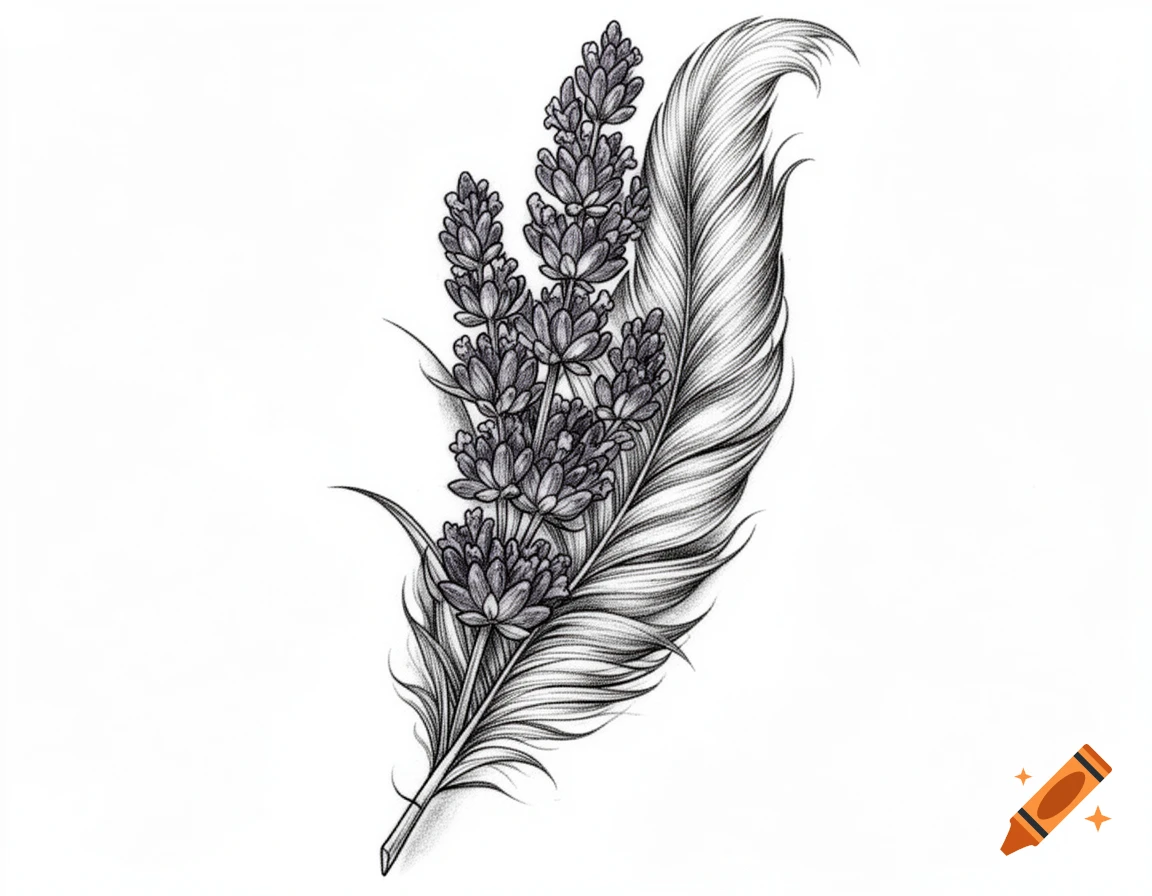 A black and white pencil drawing depicting a lavender branch with small blossoms intertwined with a detailed feather.