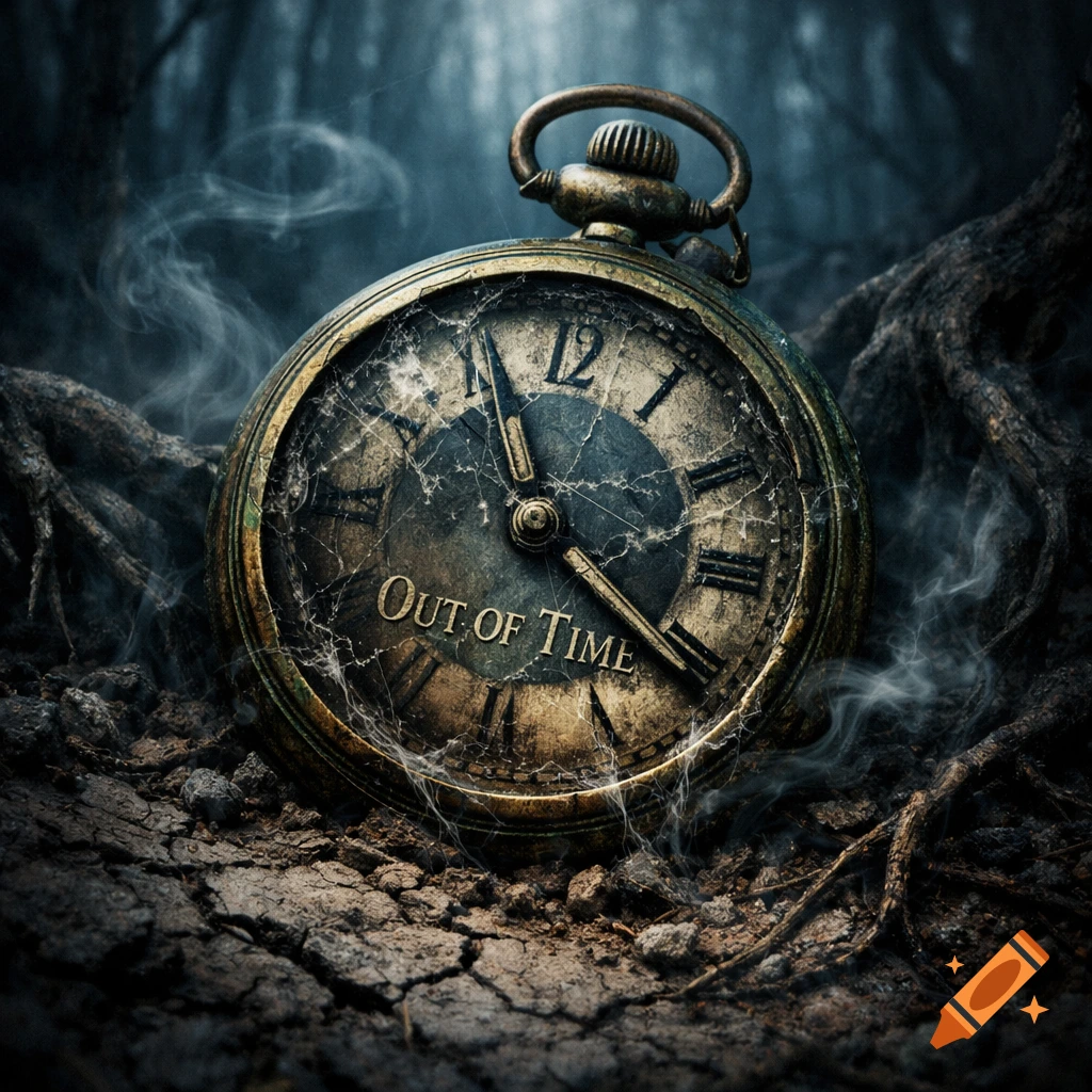 An old, cracked pocket watch with 'OUT OF TIME' on its face, resting on dry earth with smoke in a dark, spooky forest.