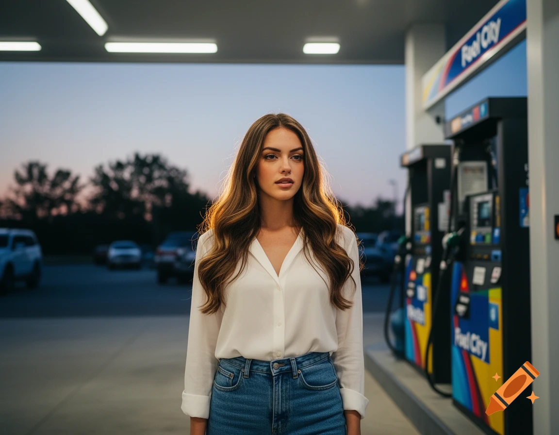A beautiful woman with long wavy hair, wearing a white shirt and jeans, stands at a gas station at dusk.