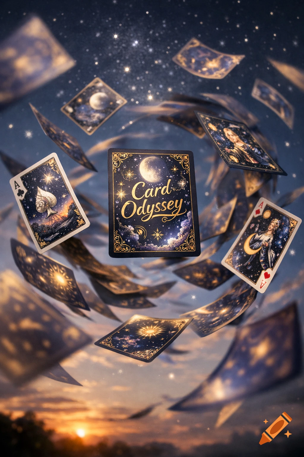 Custom-designed cosmic playing cards, some with a moon and stars, and one titled "Card Odyssey", float above a sunset landscape.