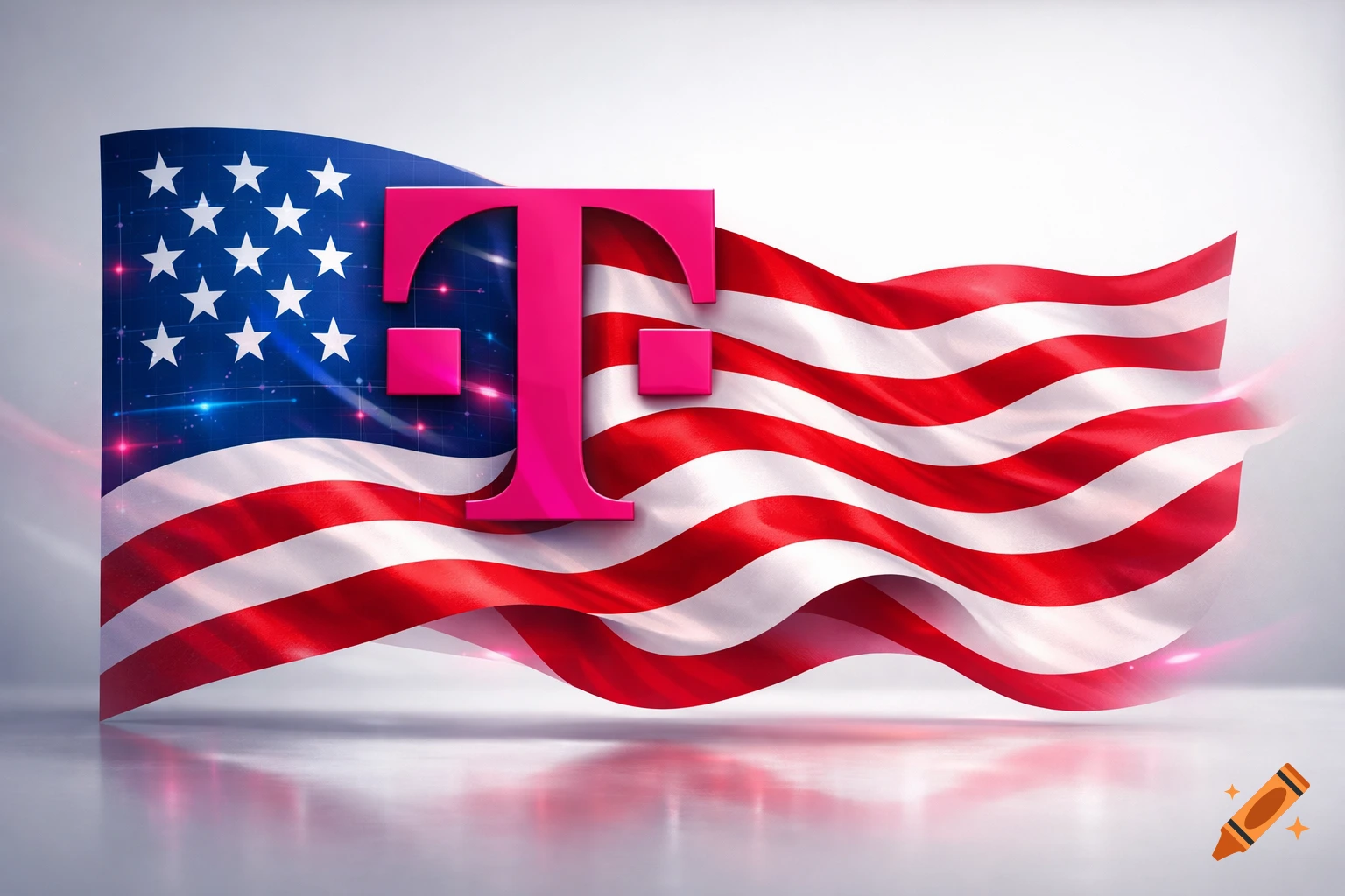 A waving American flag with a large, glossy pink T-Mobile logo superimposed on it.