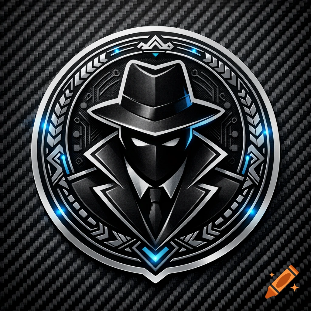 A dark, stylized logo of an anonymous figure in a fedora and trench coat with glowing blue accents, set against a carbon fiber background.