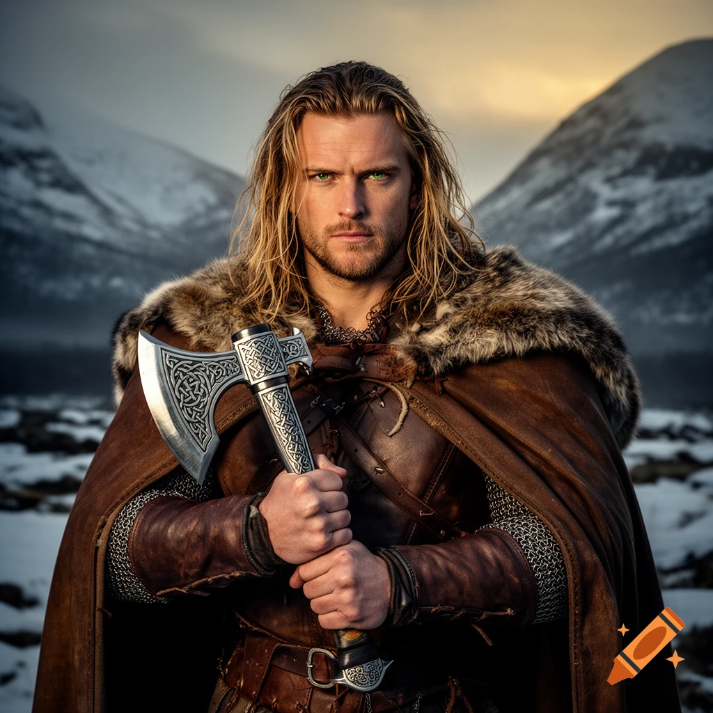 Photorealistic portrait of a powerful Viking with long blond hair, green eyes, holding an ornate axe, against snowy mountains.