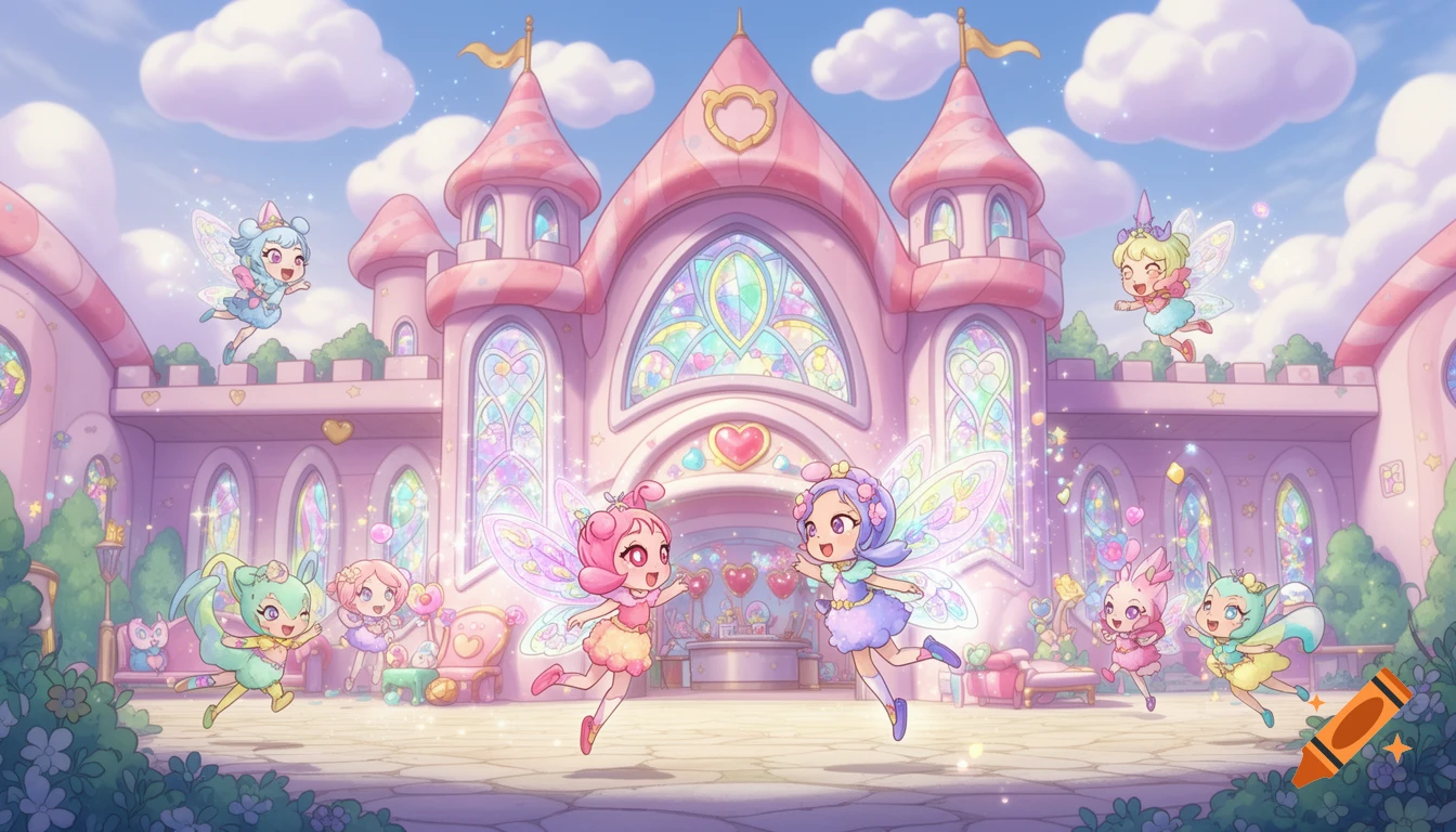 Cute cartoon fairy characters, called Teeniepings, playing and flying around a pink pastel castle under a blue sky with fluffy clouds.