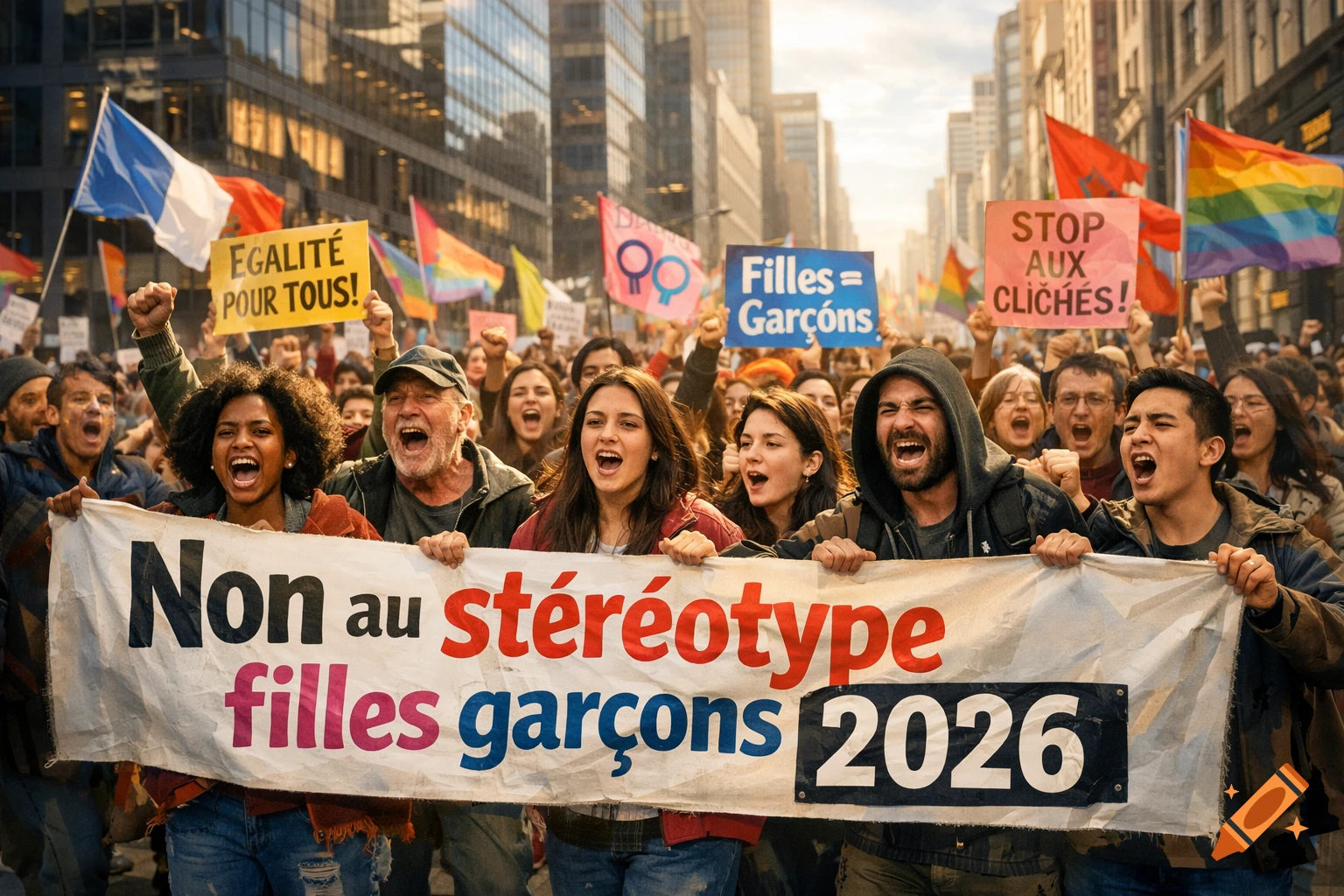 A diverse crowd of people march in a city street, holding up a large banner that reads "Non au st lr otype filles gar lr lr ons 2026" and other protest signs.