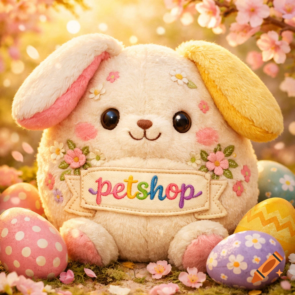 A cute plushie bunny with a "petshop" banner, surrounded by colorful Easter eggs and pink flowers in a bright spring setting.