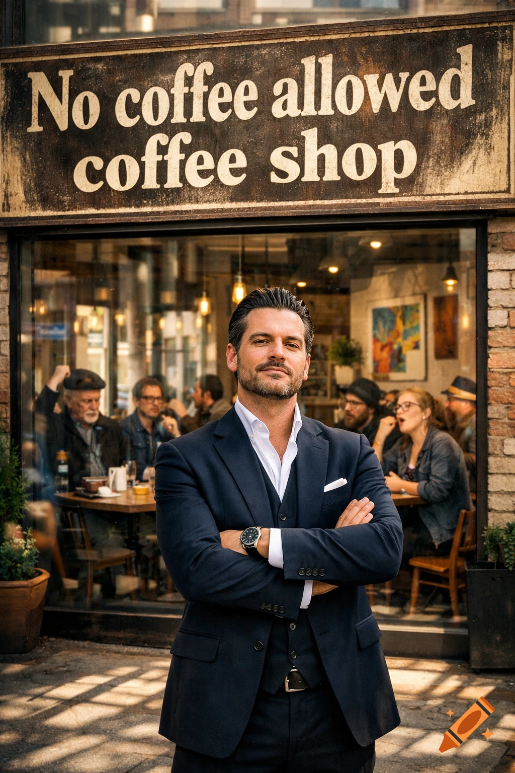 A stylish man in a dark suit stands with crossed arms outside a coffee shop. Above him, a sign reads 'No coffee allowed coffee shop'.