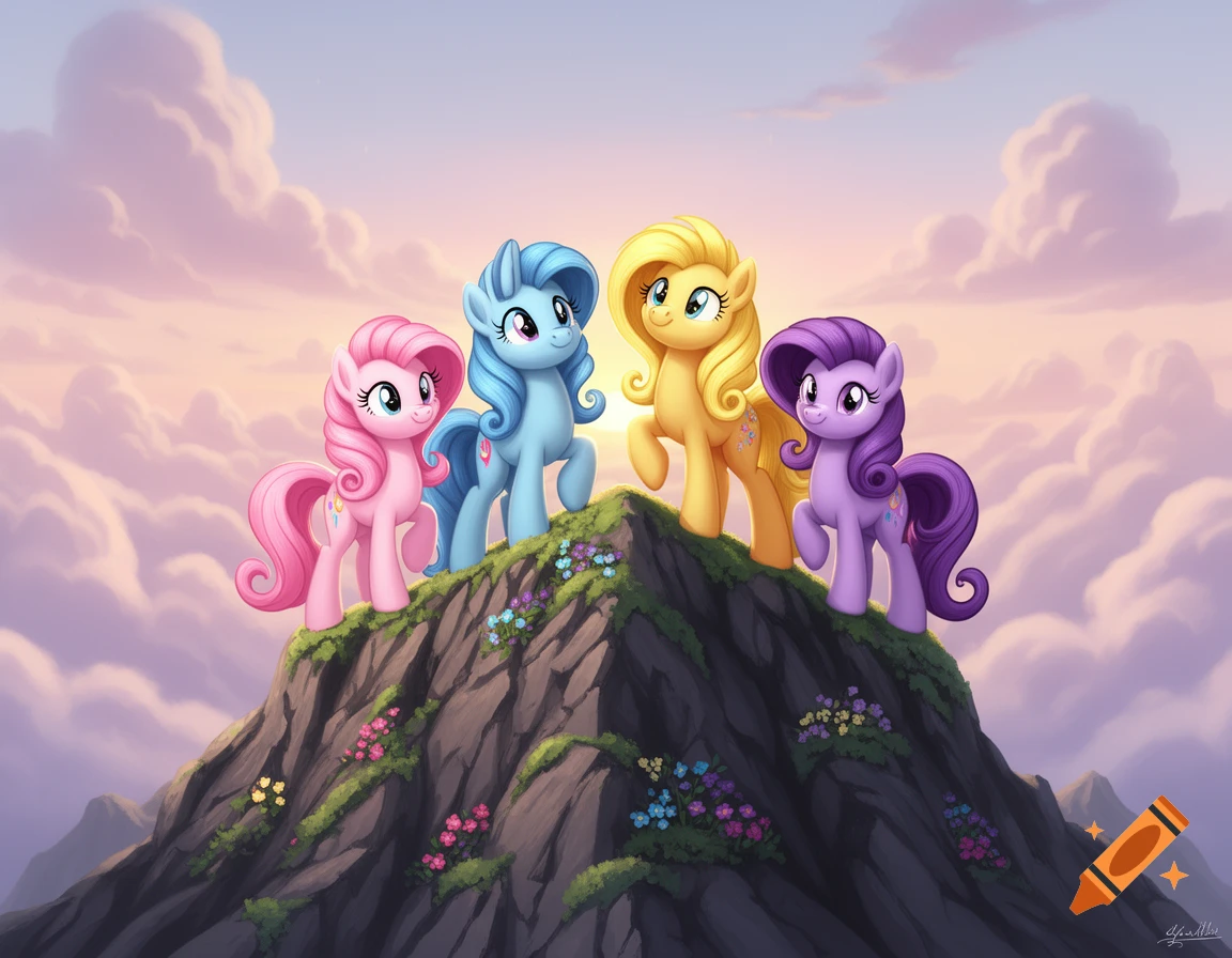Four colorful cartoon ponies stand proudly on a rocky mountain peak at sunset with clouds in the sky.