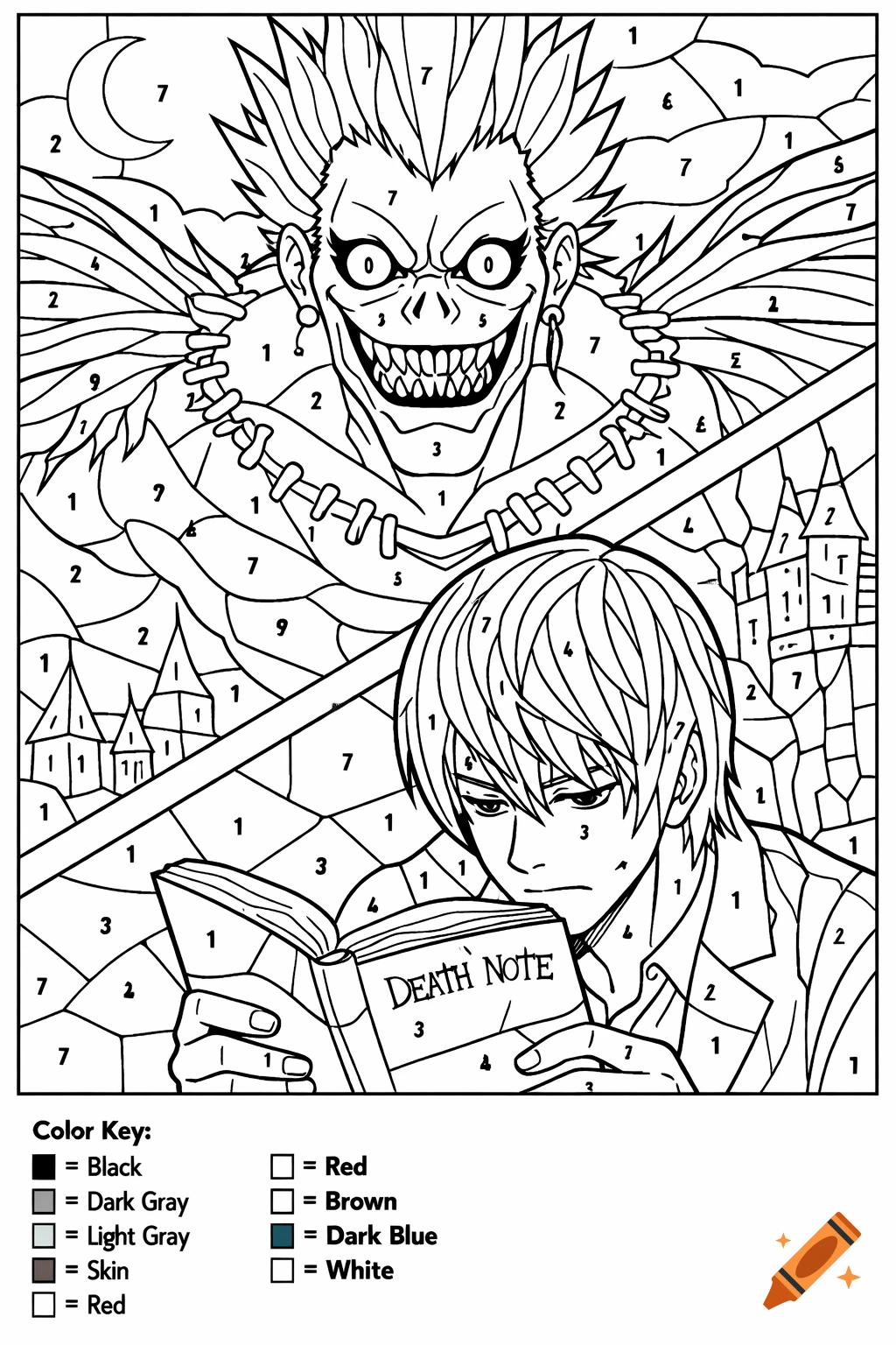 Color-by-number page featuring Ryuk with a wide grin and Light Yagami looking at his Death Note book, in anime line art style.