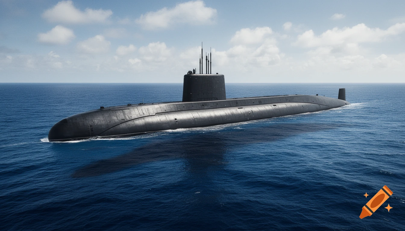A large dark grey submarine with a tall conning tower cruises through a calm blue ocean under a partly cloudy sky.