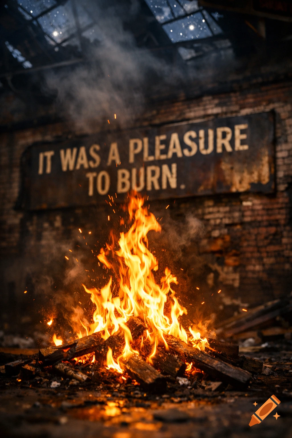 A vibrant bonfire blazes in the foreground of a derelict brick building. A weathered sign on the wall reads "IT WAS A PLEASURE TO BURN."