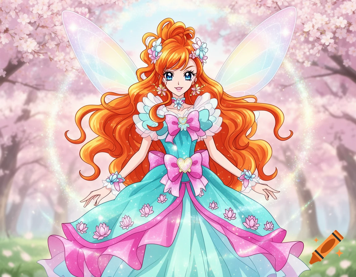 Anime fairy girl with orange hair, a turquoise and pink dress, and iridescent wings, standing in a cherry blossom forest.