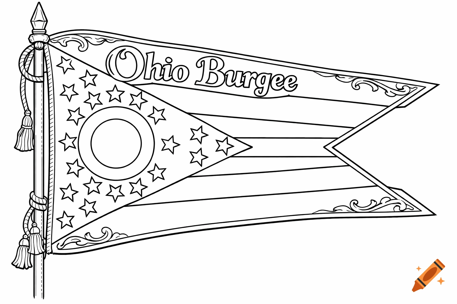 A black and white coloring page illustration of the Ohio state flag with the text 'Ohio Burgee' on it, on a flagpole.