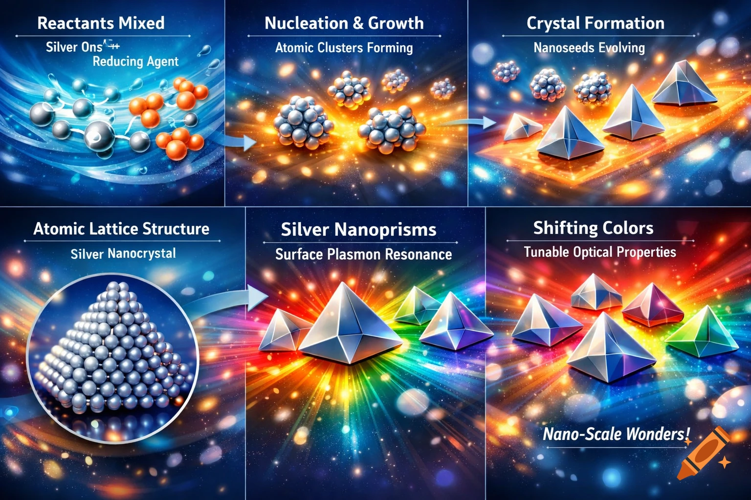 A six-panel scientific diagram illustrating the synthesis and properties of silver nanoprisms, showing reactants mixing, nucleation, crystal formation, atomic lattice structure, silver nanoprisms, and shifting colors with glowing abstract backgrounds.