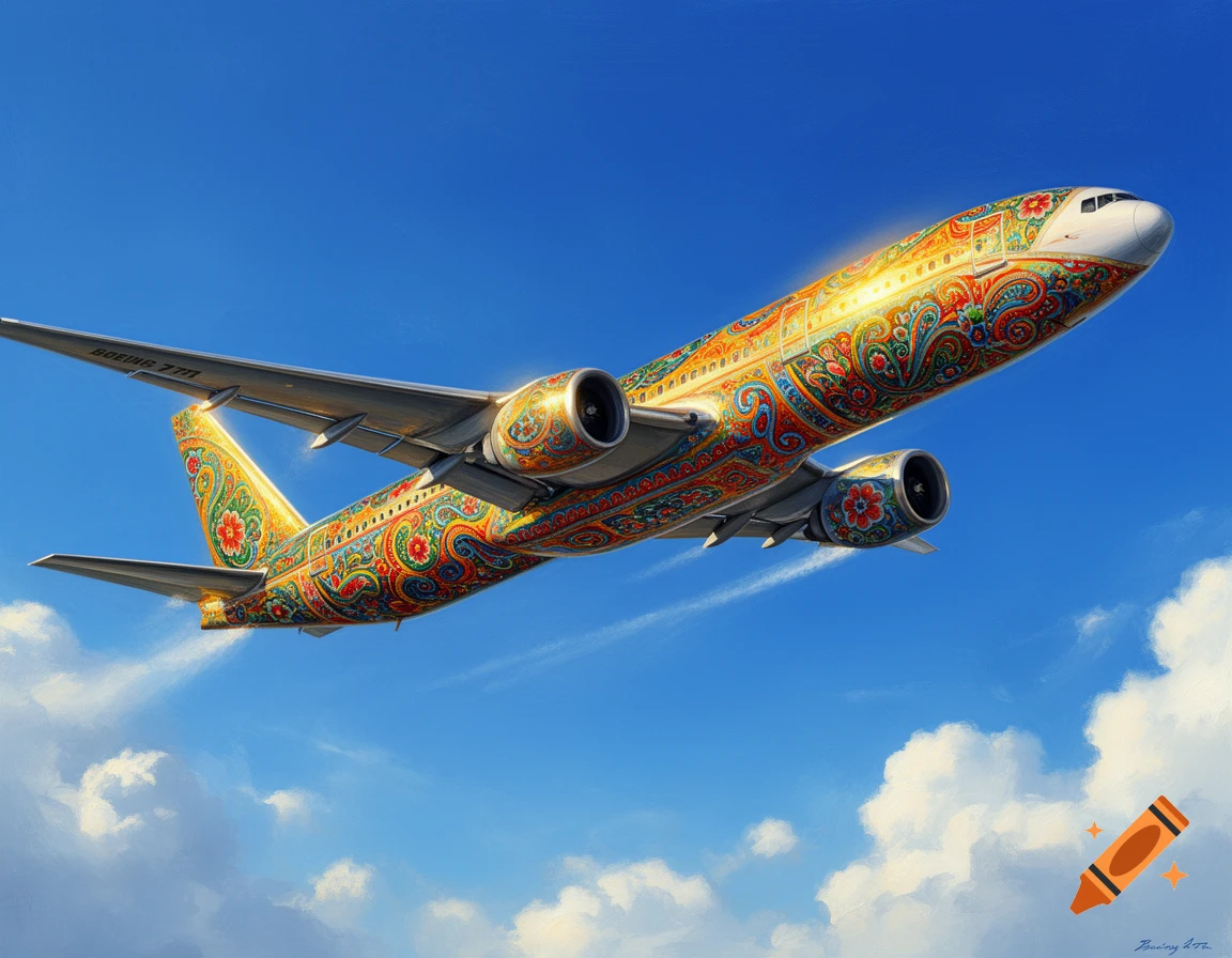 A Boeing 777 airplane flying in a bright blue sky, adorned with vibrant, intricate Pakistani-style truck art patterns.