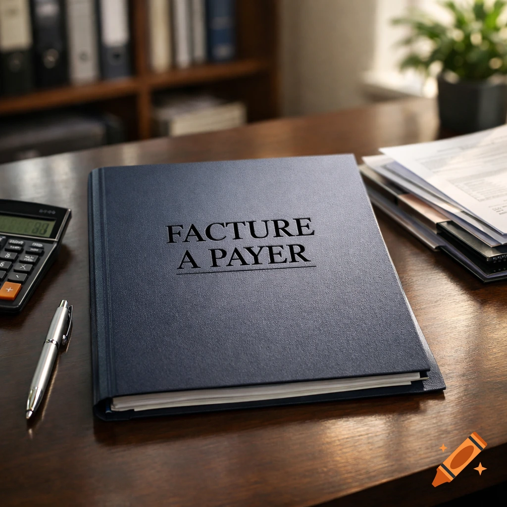 Close-up of a blue binder titled "FACTURE A PAYER" on a wooden desk with a calculator and pen, photorealistic.