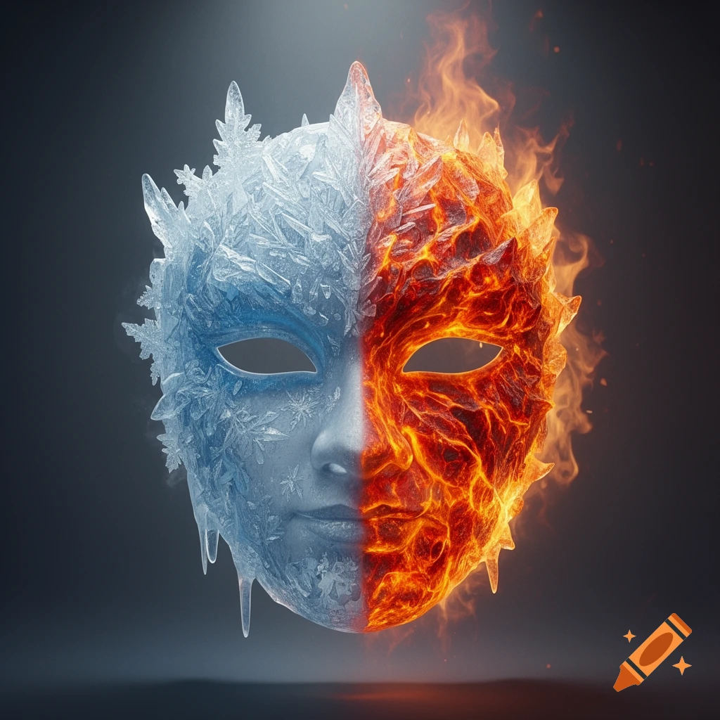 A highly detailed mask, half frozen with intricate ice crystals and half blazing with fiery lava and flames, set against a dark background.