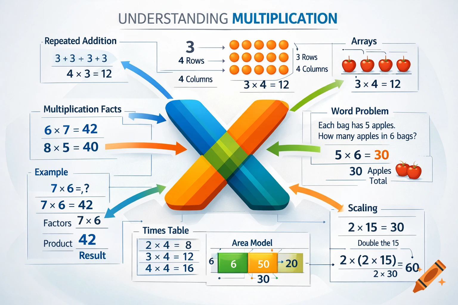 An infographic titled 'Understanding Multiplication' explaining various concepts like repeated addition, arrays, multiplication facts, word problems, scaling, times tables, and area models with examples.