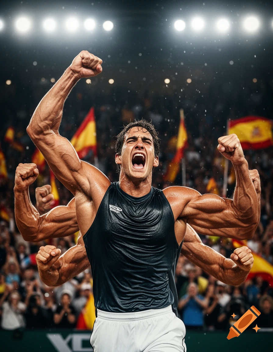 Photorealistic image of a muscular male tennis champion with six arms flexing and shouting in triumph on a court.