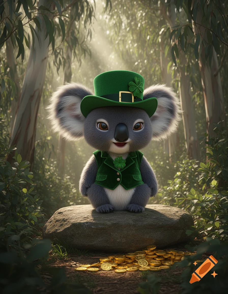 A cute, fluffy koala dressed as a leprechaun, wearing a green top hat and vest, sits on a rock in a sunny forest with gold coins at its feet.