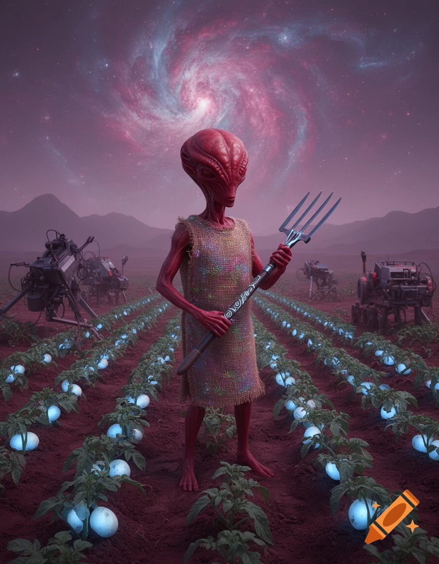 A red alien farmer in a tunic holds a pitchfork in glowing potato fields under a swirling pink galaxy sky.
