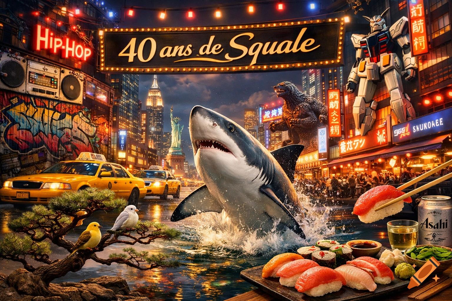 Vibrant cityscape fusion of New York and Tokyo with a shark leaping from water, Godzilla, Gundam, sushi, taxis, and neon signs, including text "40 ans de Squale" and "Hip-Hop".
