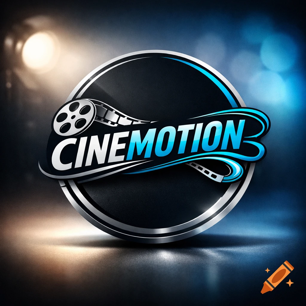 A shiny metallic and blue logo for 'CINEMOTION' featuring a film reel, set against a dark background with spotlights.