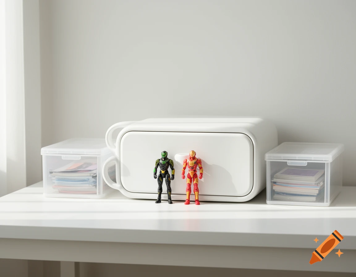 A minimalist white desk setup with a central white drawer, clear storage boxes, and two action figures, bathed in soft light.