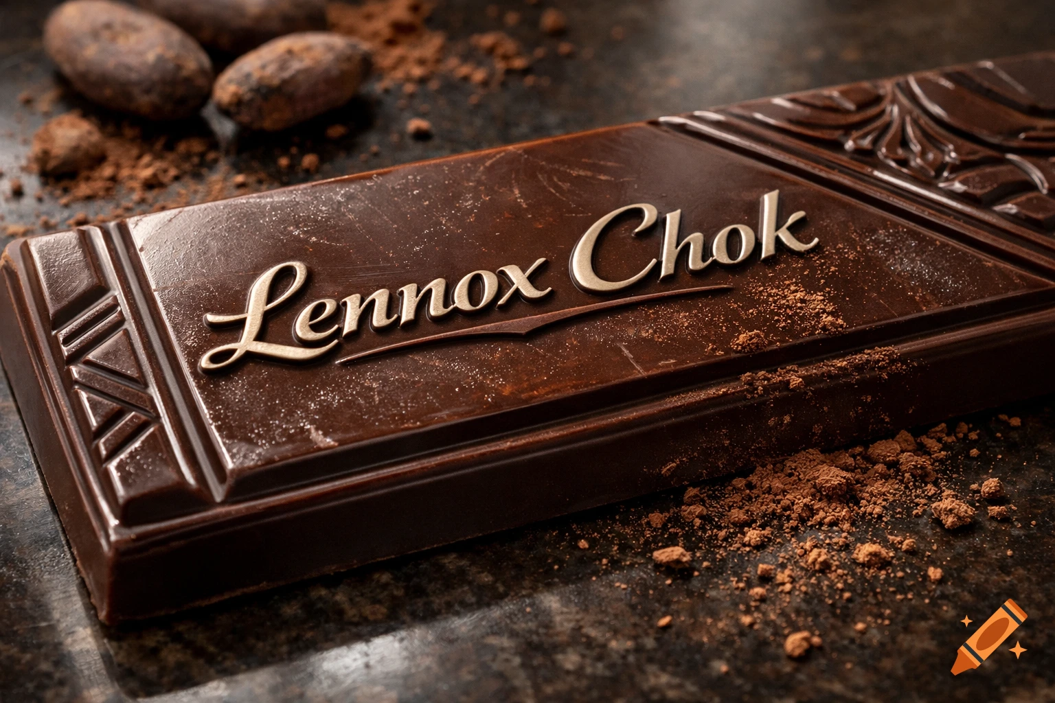 A close-up of a dark chocolate bar with "Lennox Chok" embossed on it, surrounded by cocoa powder and cocoa beans on a dark surface.