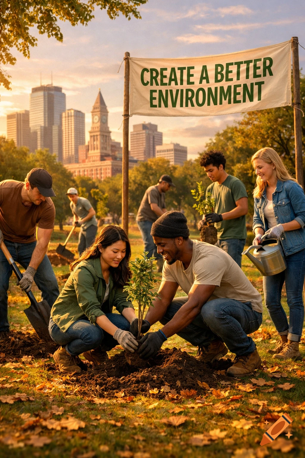 A diverse group planting trees in a city park at sunset with a banner reading 'CREATE A BETTER ENVIRONMENT' and a city skyline.