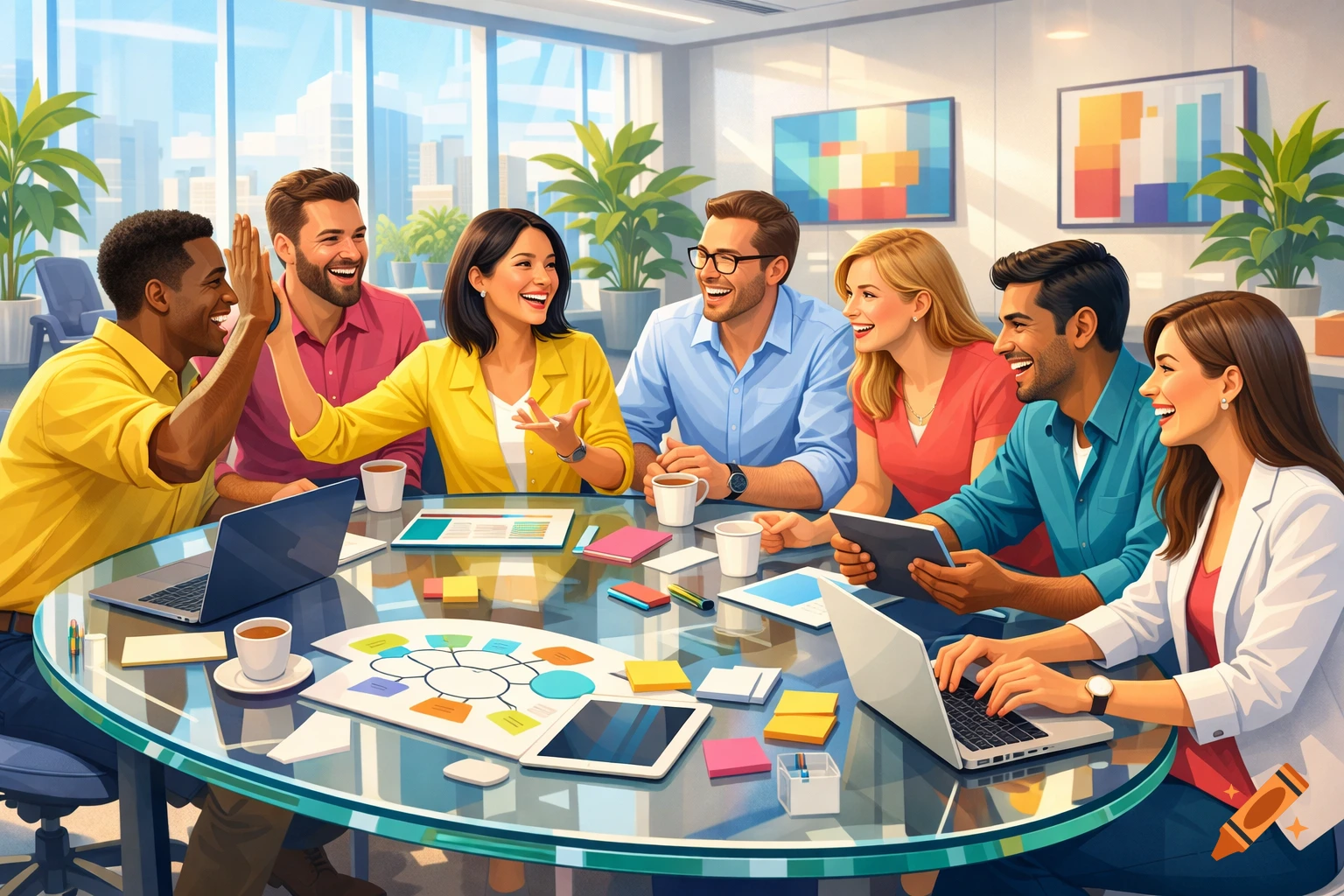 A diverse group of happy professionals high-fiving and collaborating around a glass table in a bright, modern office setting, in an illustration style.