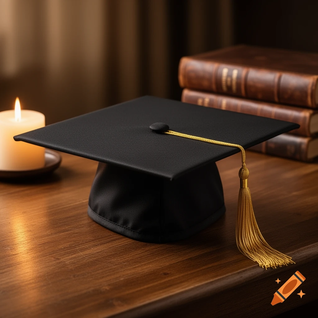 A black graduation cap with a gold tassel sits on a wooden desk next to a lit candle and stacked old books.