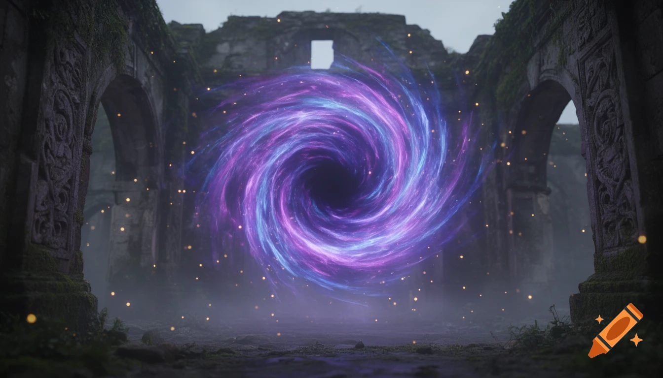 A glowing purple and blue swirling vortex in ancient stone ruins with flickering lights.