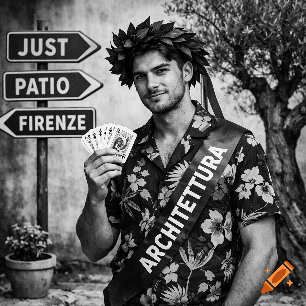A black and white portrait of a smiling man wearing a laurel wreath and a sash with 'ARCHITETTURA', holding playing cards, with road signs and an olive tree in the background.