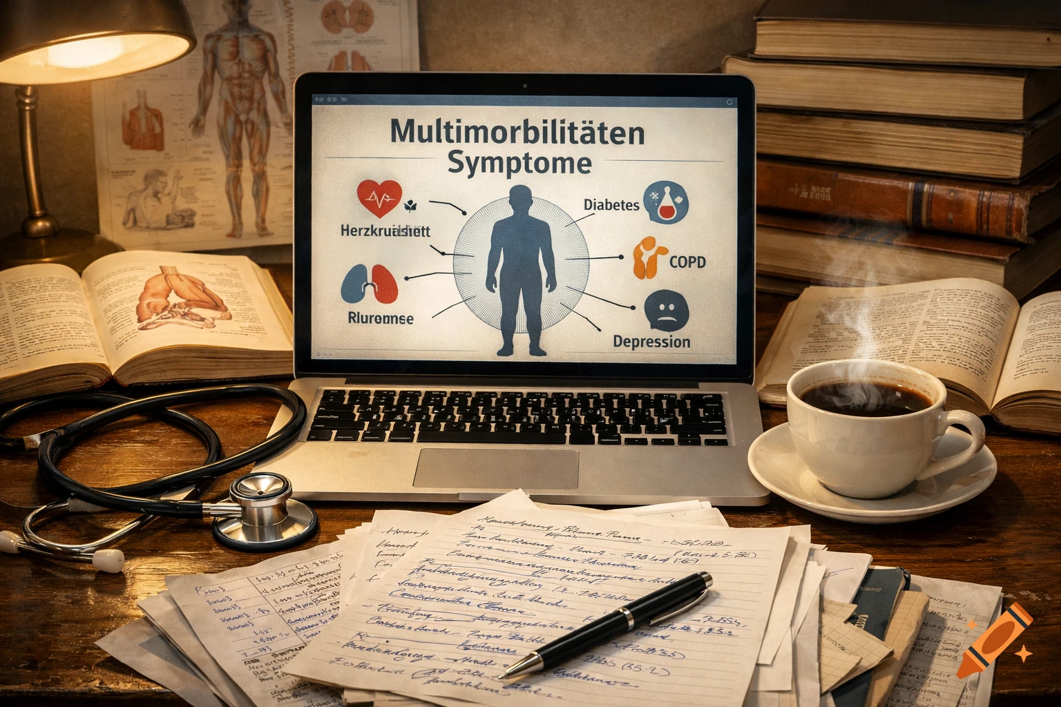 A laptop on a wooden desk displays a diagram of multimorbidity symptoms, with a stethoscope, open books, and a steaming cup of coffee around it. The scene has a warm, studious atmosphere.