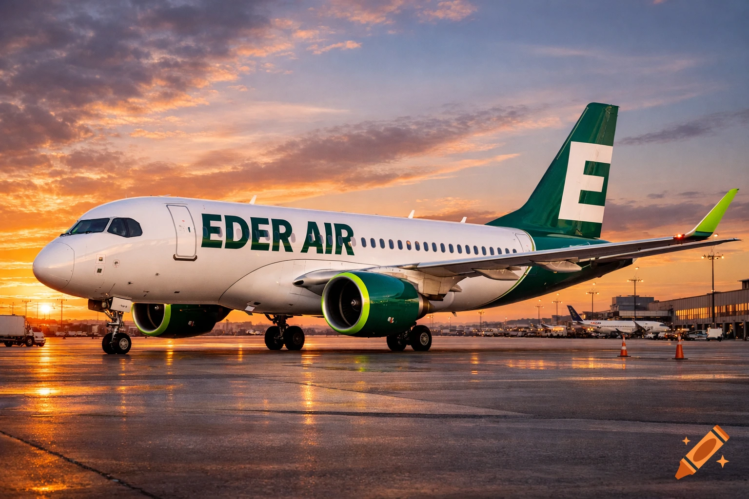 A photorealistic EDER Air Airbus A220-300 airplane with green accents stands on a wet airport apron at sunset.
