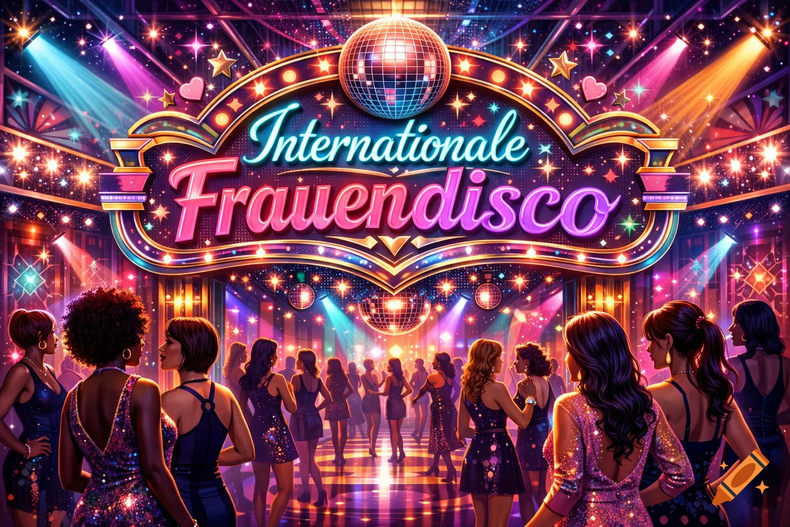A vibrant, sparkling disco scene with a prominent sign reading 'Internationale Frauendisco' above a crowd of women.