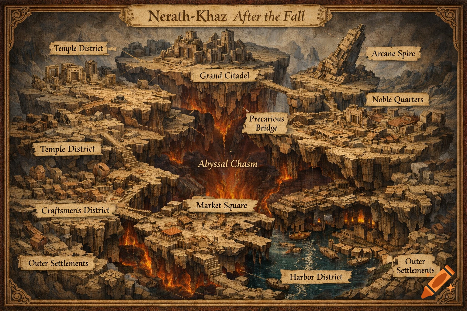 Highly detailed fantasy cartography map of the ruined city of Nerath-Khaz, fractured over an abyssal chasm glowing with lava.