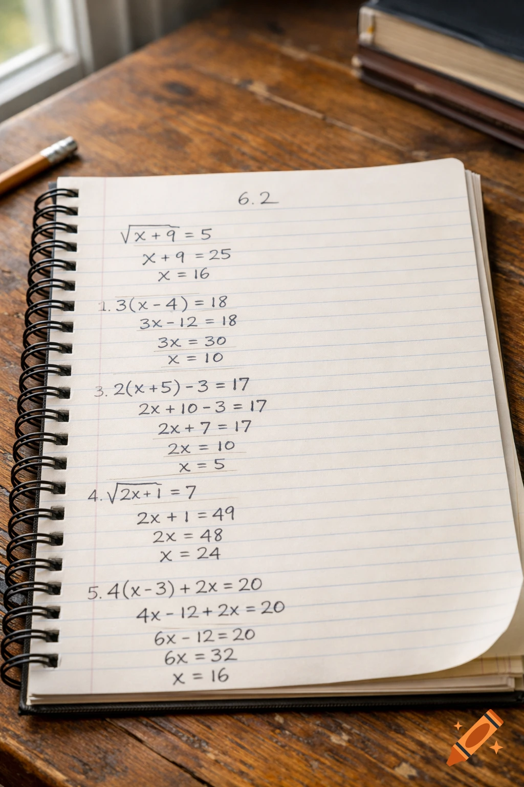 An open spiral notebook on a wooden desk with "6.2" written at the top and several algebra problems solved in pencil.