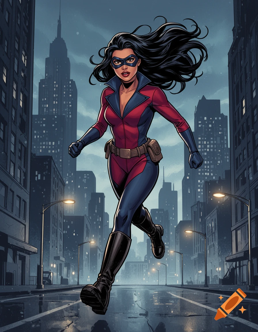Latina superheroine in a red and blue classic comic costume with a mask strides on a wet city street at night.