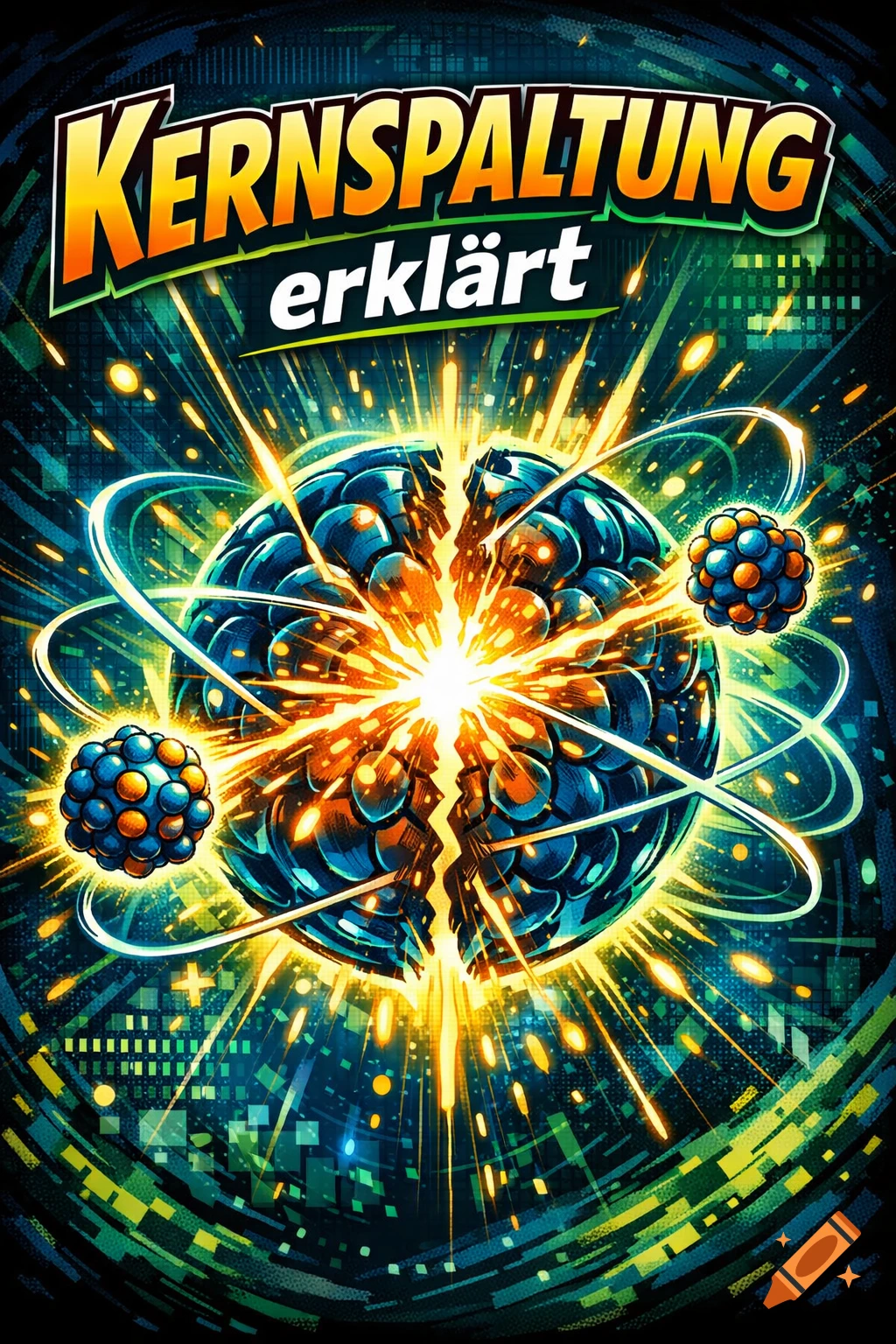 Vibrant comic illustration of nuclear fission with a splitting atom, energy bursts, and text 'KERNSPALTUNG erkl r t'.