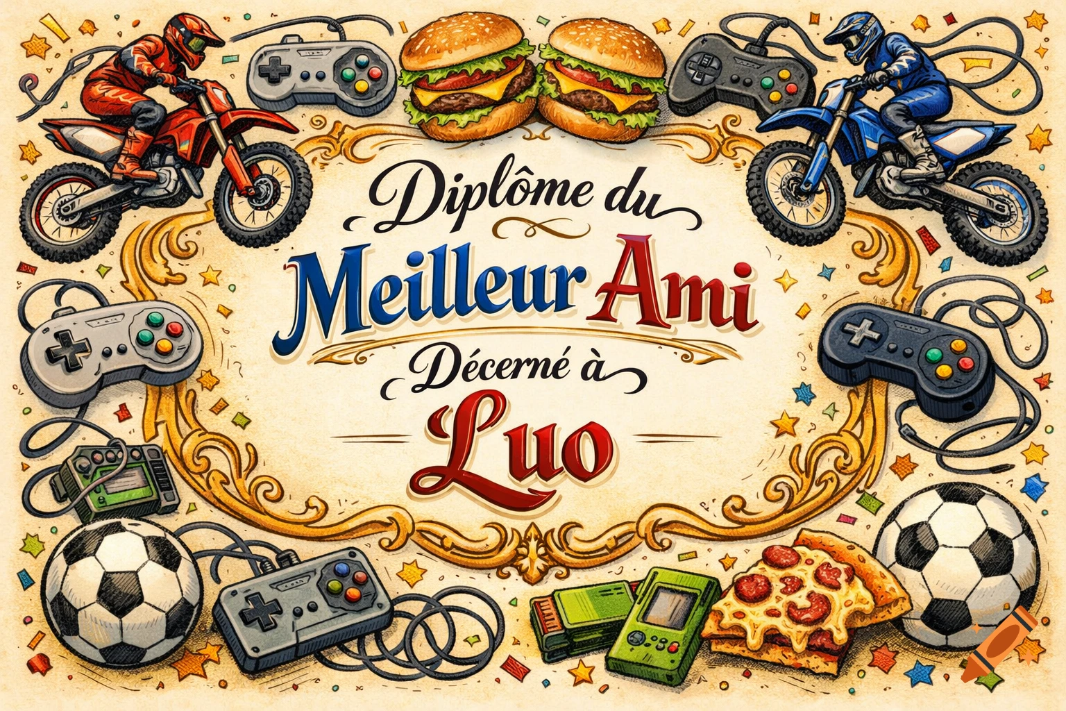An illustrated diploma for "Best Friend" awarded to Luo, surrounded by motocross bikes, burgers, game controllers, soccer balls, and pizza.
