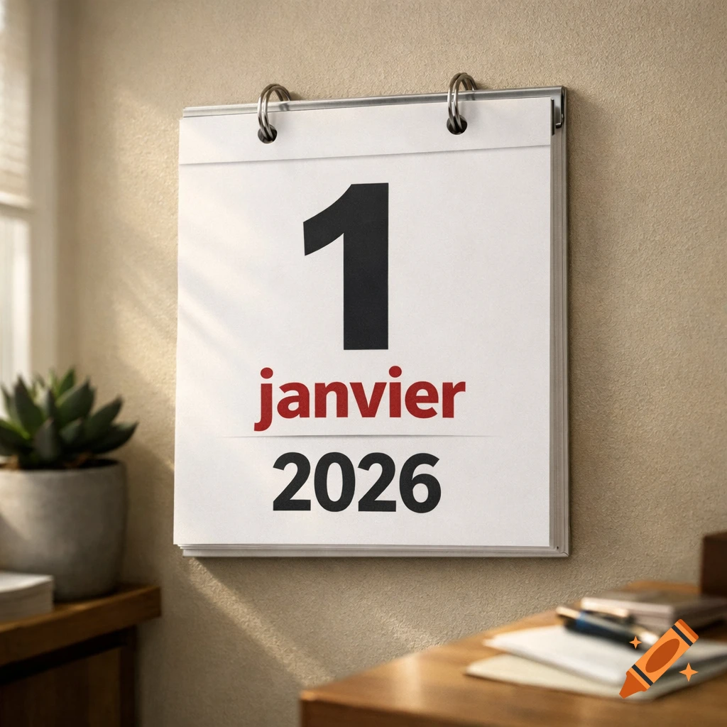 A white wall calendar displaying the date '1 janvier 2026' hangs on a beige wall, with a plant and desk nearby.