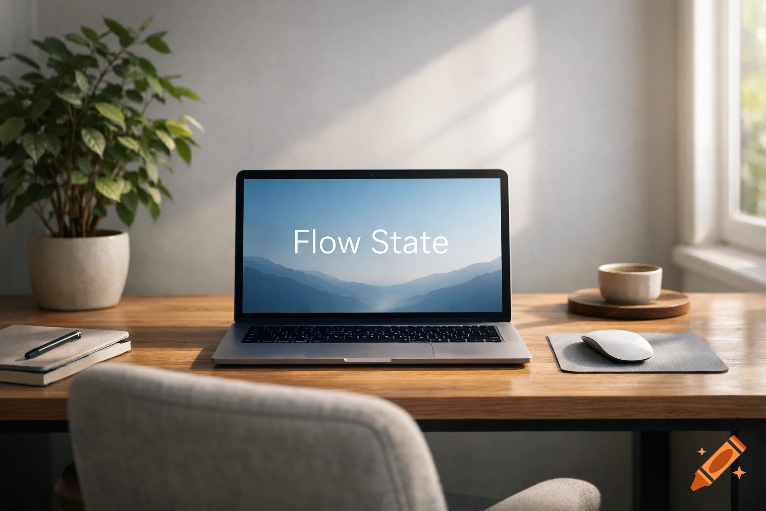A laptop displaying 'Flow State' on a wooden desk with a plant, coffee cup, mouse, and notebook in a sunlit room.