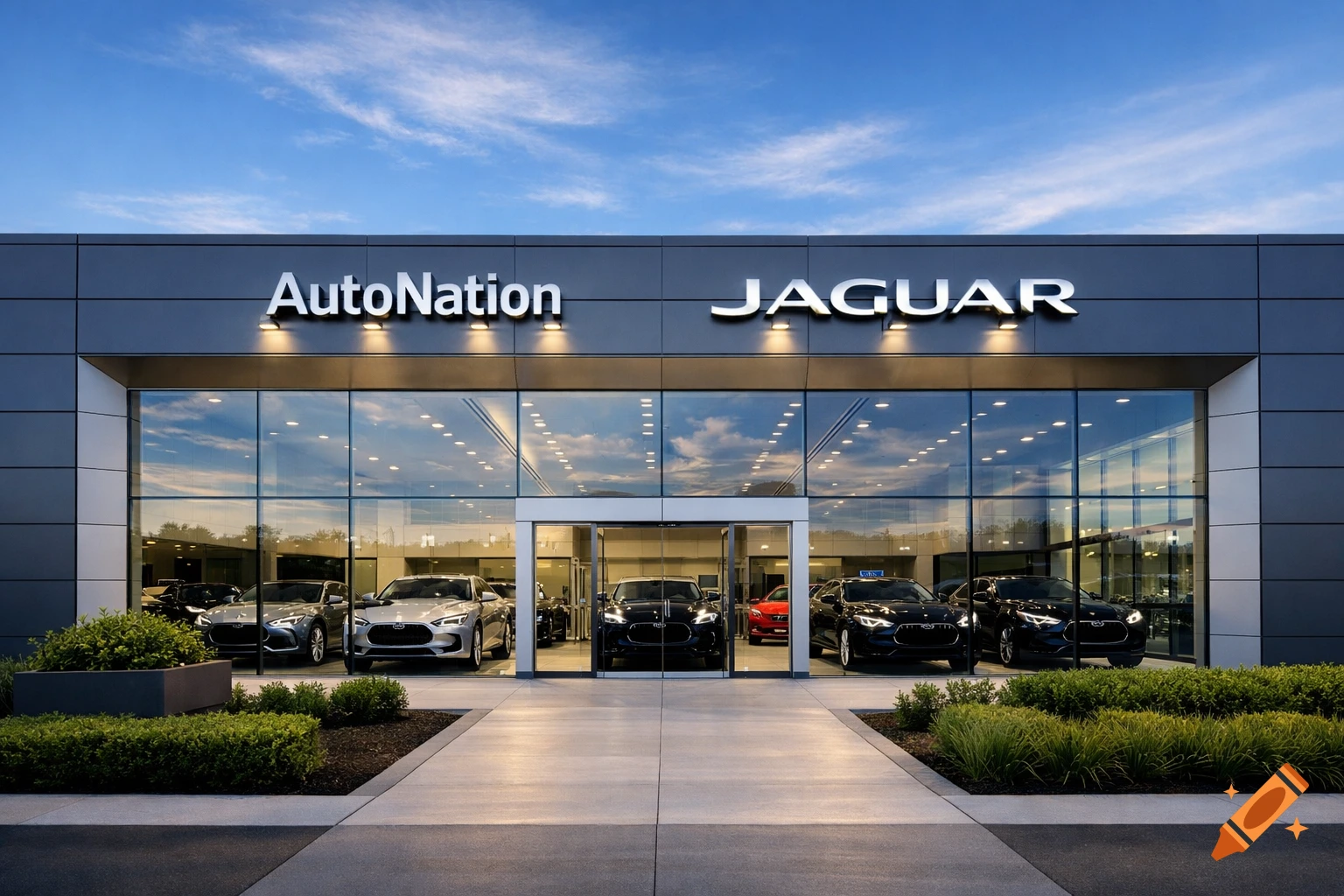 Photorealistic image of an AutoNation Jaguar car dealership with several luxury cars visible through large glass windows under a blue sky.
