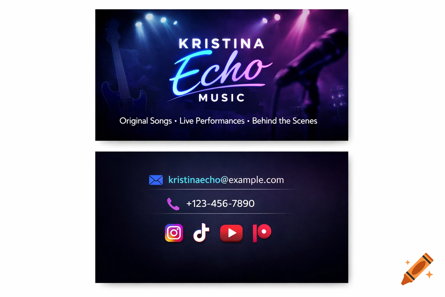 A sleek, dark business card for 'Kristina Echo Music' with neon text, stage lights, guitar silhouette, and contact info.