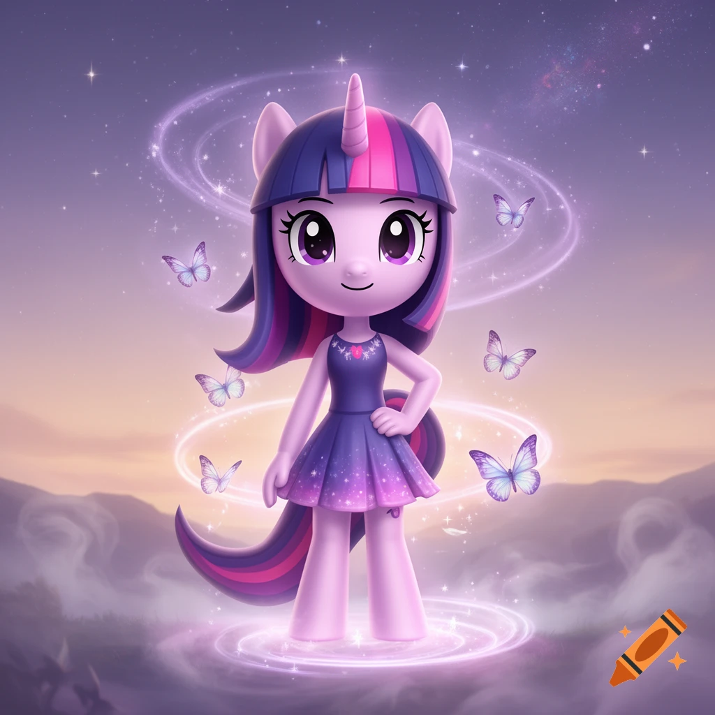 A stylized 3D rendered Twilight Sparkle, a pink unicorn character, in a purple dress, stands in a magical setting with glowing rings and butterflies.