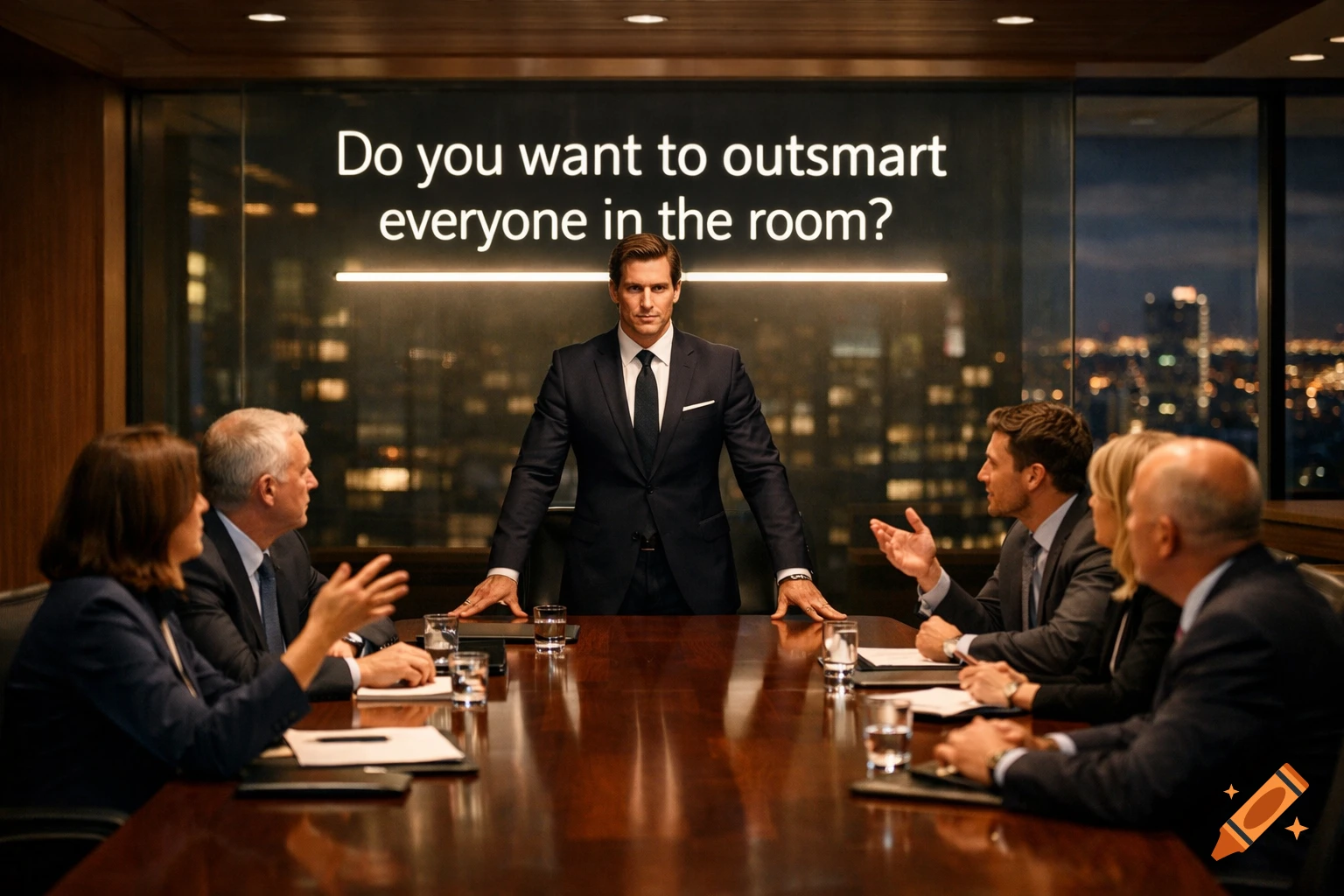 A man in a suit addresses professionals at a conference table. Text on the window says: Do you want to outsmart everyone in the room?